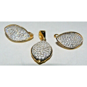 Pave Diamond Covered Leaf Shaped Pendant & Earrings Set YGP 925 Sterling Silver
